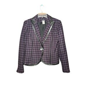 Vex Collection Purple Black Houndstooth Blazer Faux Leather Trim Size 38 Preppy